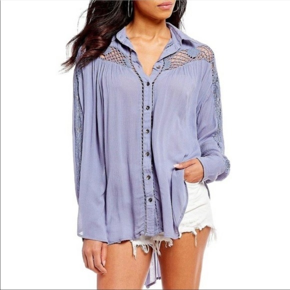 Free People Katie Bird Lace Crochet Inset Long Sleeve Boho Button Front Shirt - Picture 1 of 10